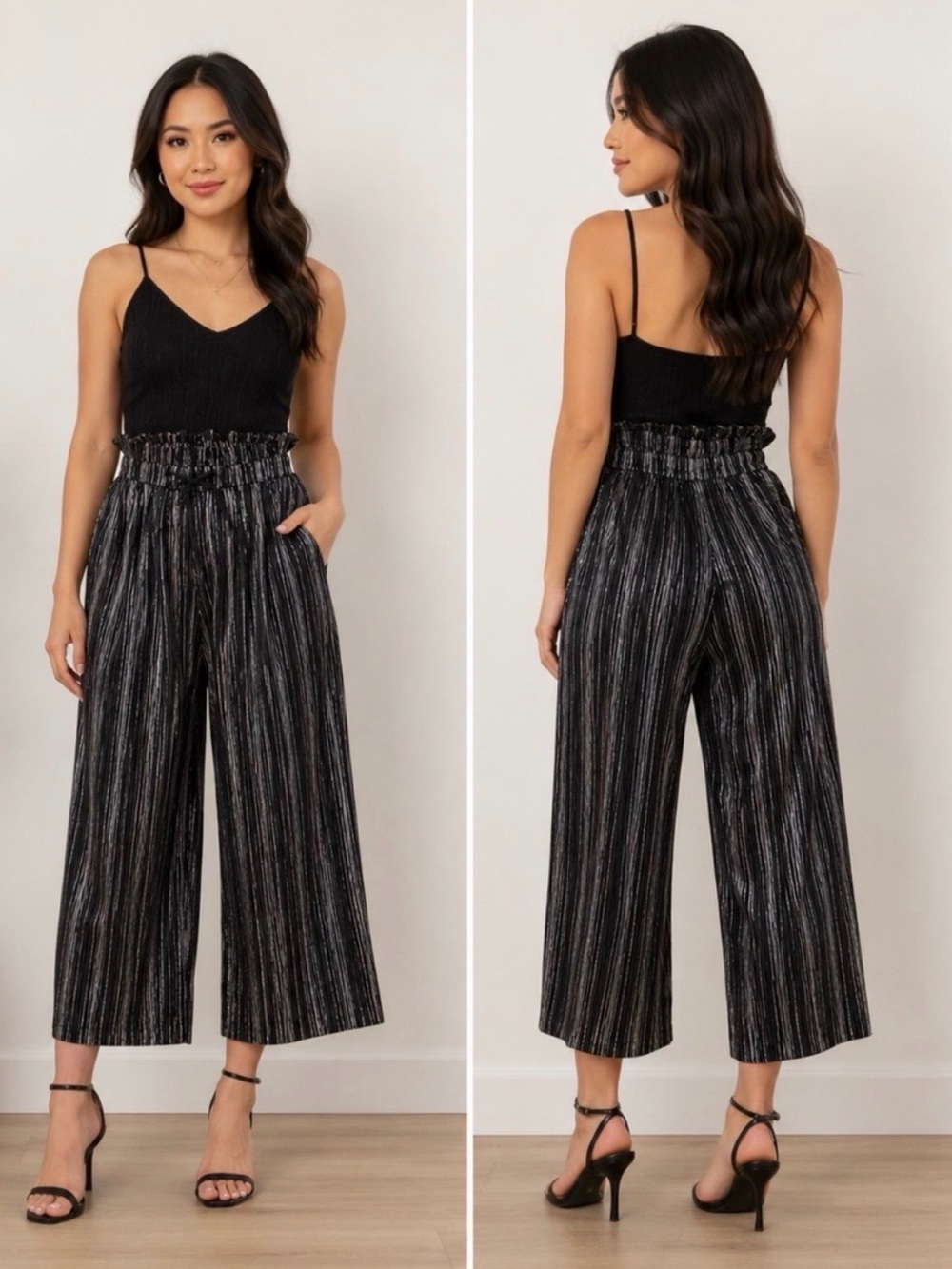 Topshop Black Metallic-Striped Paperbag Wide-Leg Pants